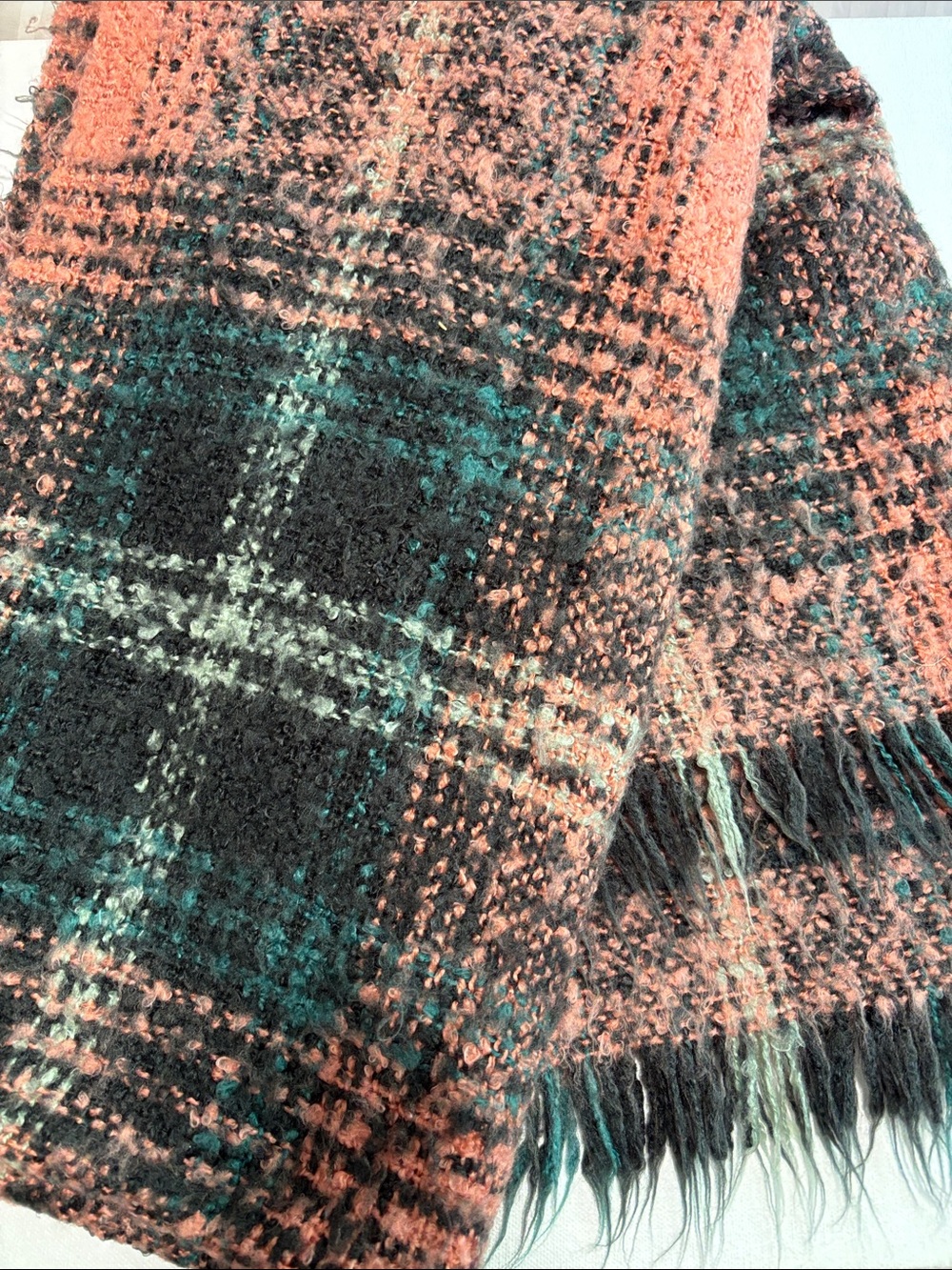 Oversized Cashmere blend Textured Plaid Fringe Scarf